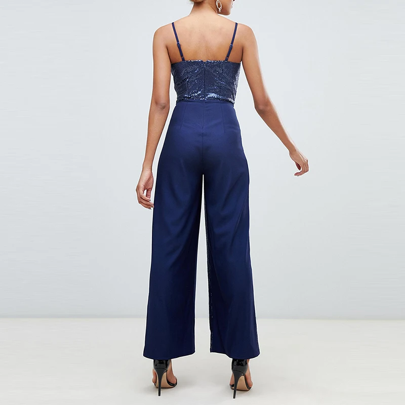 HYH Haoyihui Simplicity Commute V collar Sequins Splicing Navy Blue Broad-legged Slim Rompers Women's Sleeveless Jumpsuits