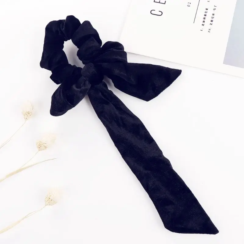 

European Vintage Glitter Velvet Hair Rope Women Girl Multi Colors Long Ribbon Bowknot Scarf Ponytail Holder DIY Styling Scrunchy
