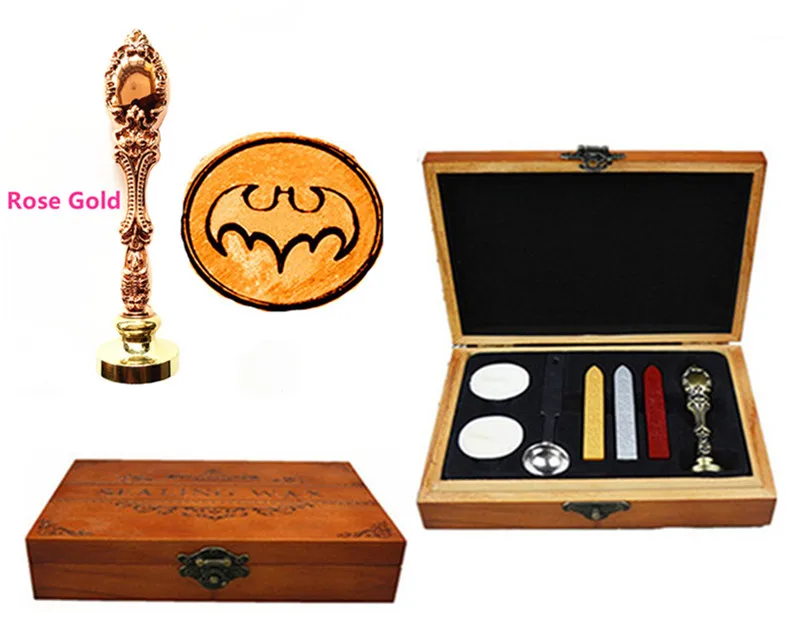 

Custom Vintage Batman Bat Brass Peacock Metal Handle Sticks Melting Spoon Wood Gift Box Set Luxury Wax Seal Sealing Stamp