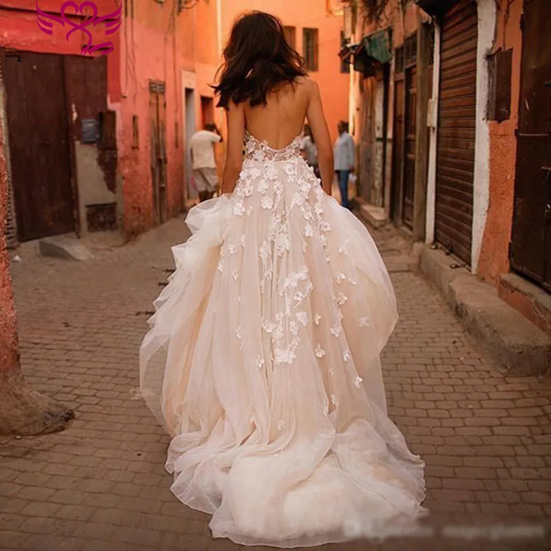 

Romantic Princess Wedding Dresses Sweetheart Appliques Flowers A-Line Tulle Backless Boho Wedding Gown Bride Dress