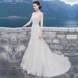 Элегантное кружевное платье годе длинное свадебное платье 2019 три четверти рукава v-образный вырез Vestidos de noiva прозрачное Тюлевое свадебное