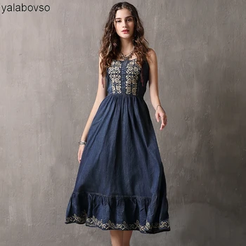 

Slash Neck denim DRESSES 2018 summer zipper Sleeveless Embroidery Long Tank dress for woman Yalabovso A5082099 Z20