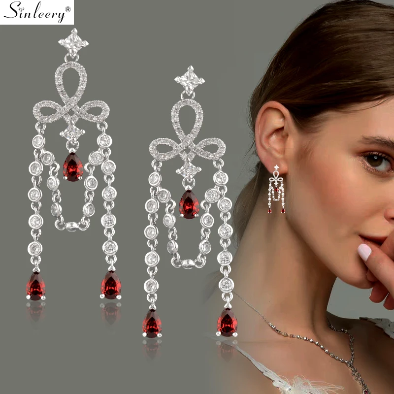 

SINLEERY Bow Red Crystal Chain CZ Drop Earrings Gold Silver Color Rhinestone Inlay Elegant Wedding Earrings Jewelry CZ076 SSH