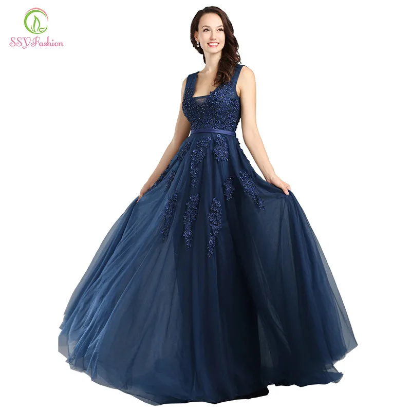 SSYFashion Hot Sell Sweet Light Blue Lace V-neck Lacing Long Evening Dress The Bride Party Sexy Backless Prom Dresses Custom dinner gown