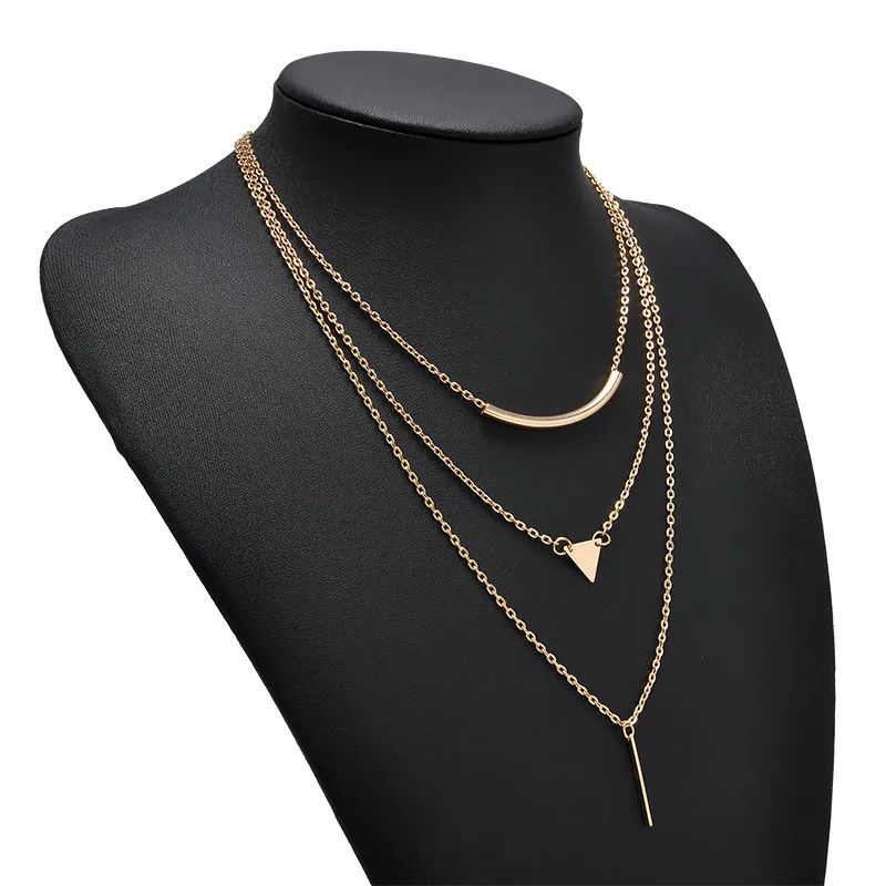 Мода 3 слоя Треугольники кулон ожерелье из цепей короткое заявление цепи Цепочки и ожерелья s Для женщин ювелирные изделия