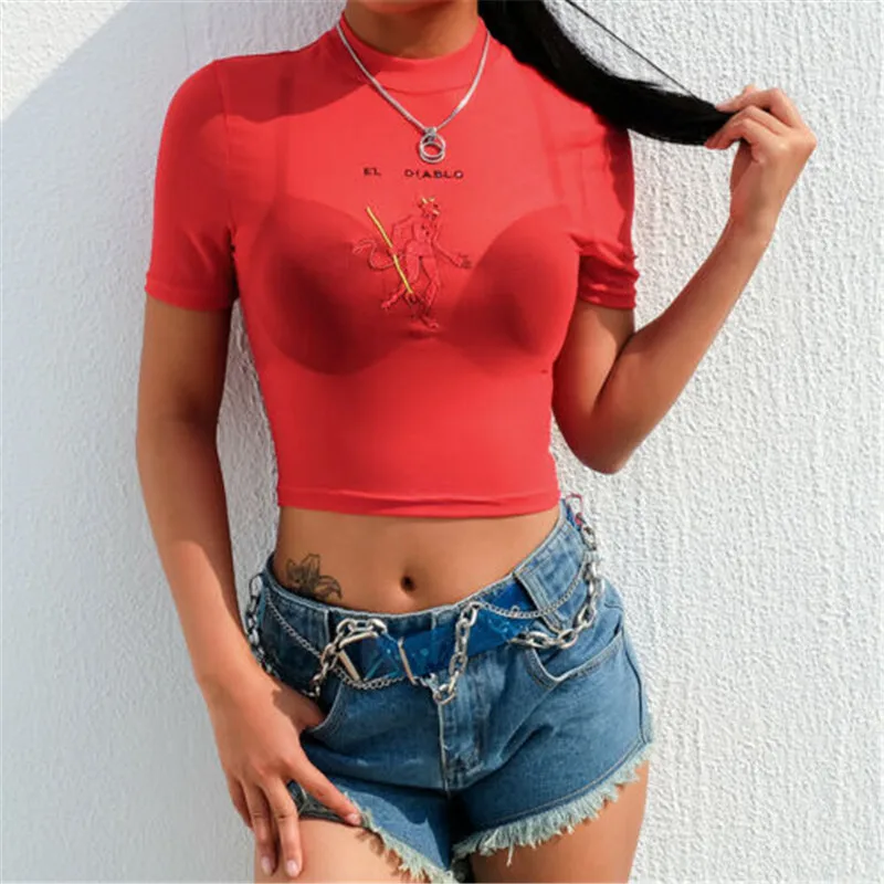 

Women Red Devil Pattern Crop Top Sheer Mesh Transparent Embroidery Short T-Shirt Sexy Open umbilical Tee lady streetwear Tee Top
