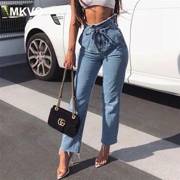 

2019 spring New Slim Pencil Pants Cotton Blend Vintage High Waist Jeans new womens pants full length pants loose cowboy pants
