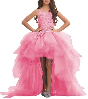 

2020 Scoop Neck Flower Girls Dresses Hi Low Gowns Tiered Tulle Children Floor Length Appliques