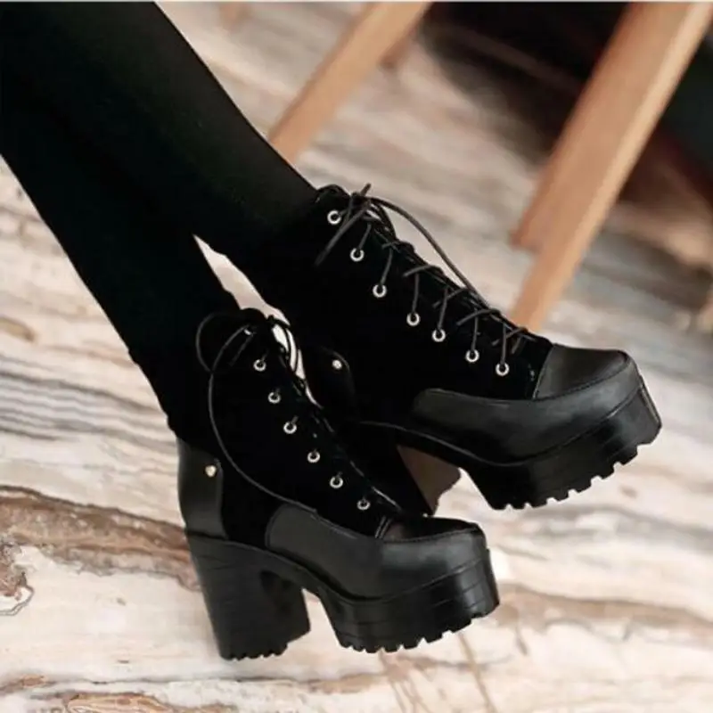 

Womens Mixed Colors Chunky Heel Platform Lace Up Ankle Boots Suede Leather Shoes Warm Winter Motorcycle Punk Plus Size A1393