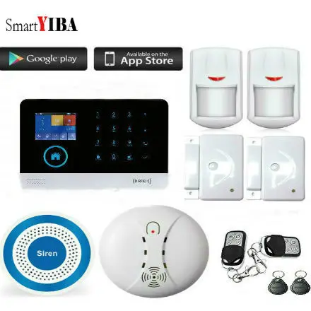 

SmartYIBA GSM WIFI IOS Android APP Control Burglar Alarm System Wireless Blue Siren Smoke/Door/Motion Sensor Security Alarm Kit