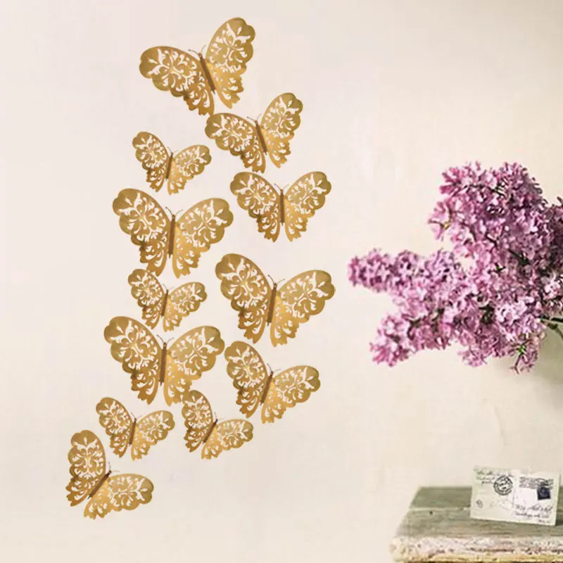 24 шт 3D полые золотые серебряные бабочки настенные наклейки художественные домашние декоративные настенные наклейки для вечерние украшения свадьбы 5ZDZ777