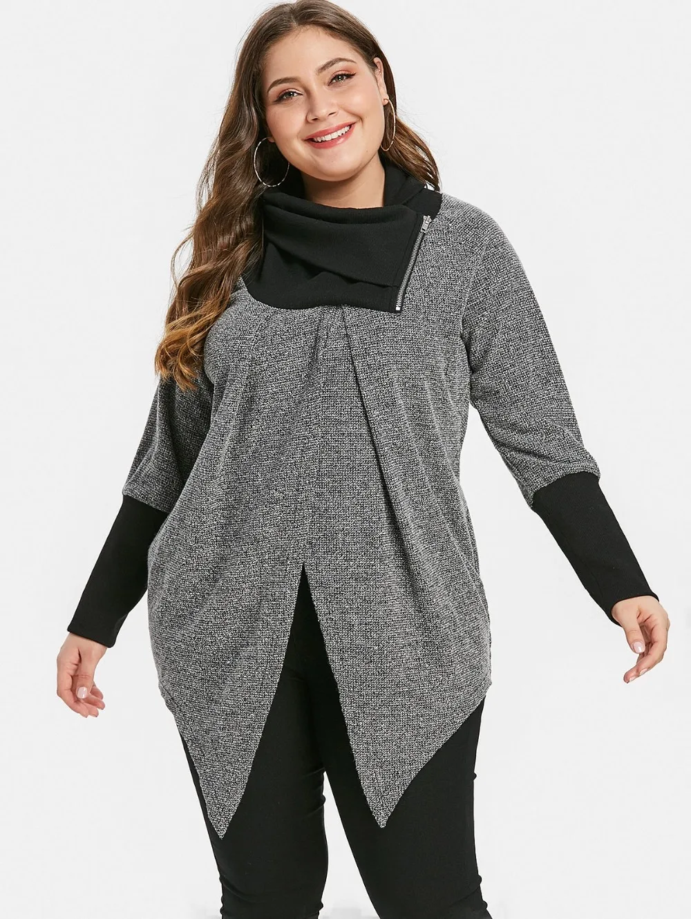 L-5XL плюс размер 2018 женские осенние зимние рубашки черный с серым Ruched Длинный складной воротник Туника длинная футболка для женщин s