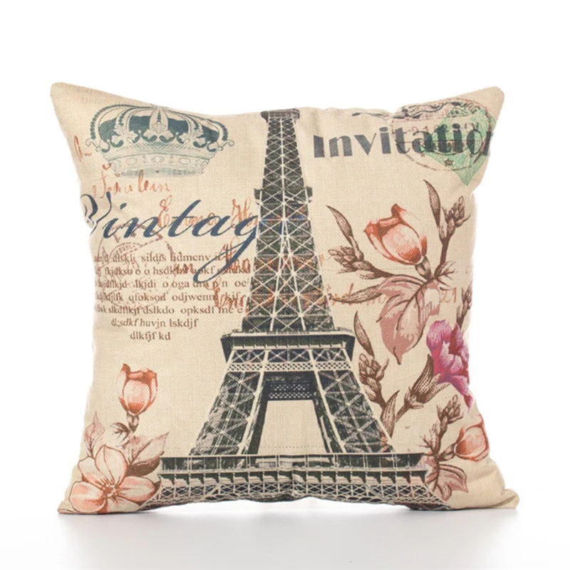 cheap Cotton Linen Cushion Cover Retro European Building Pillow Case Paris Eiffel Tower Big Ben Car Sofa Throw Pillowcase Home Decor