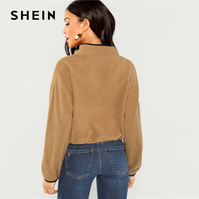  SHEIN Coffee Casual Minimalist Solid Half Placket Zipper Up Stand Collar Pullover Sweatshirt Autumn