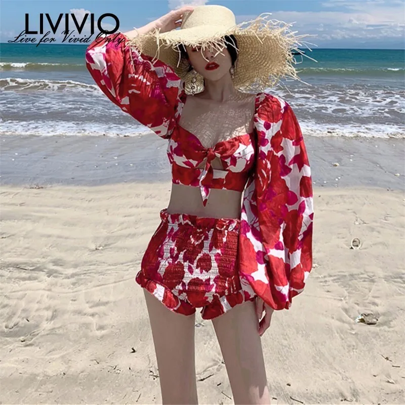 

[LIVIVIO] Print Two Piece Set Women Square Neck Lantern Sleeve Hollow Out Sexy Tops High Waist Shorts Suit Female Fashion