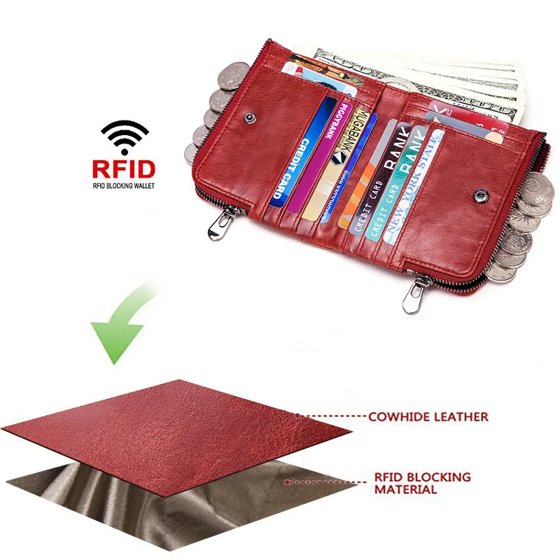 Goede GZCZ Hot Koop Vrouwen Organizer Wallet Echt Lederen Portefeuilles Vrouwelijke Korte Walet Dubbele Rits Portemonnee Met Munt Zakken Voor Kaart RFID