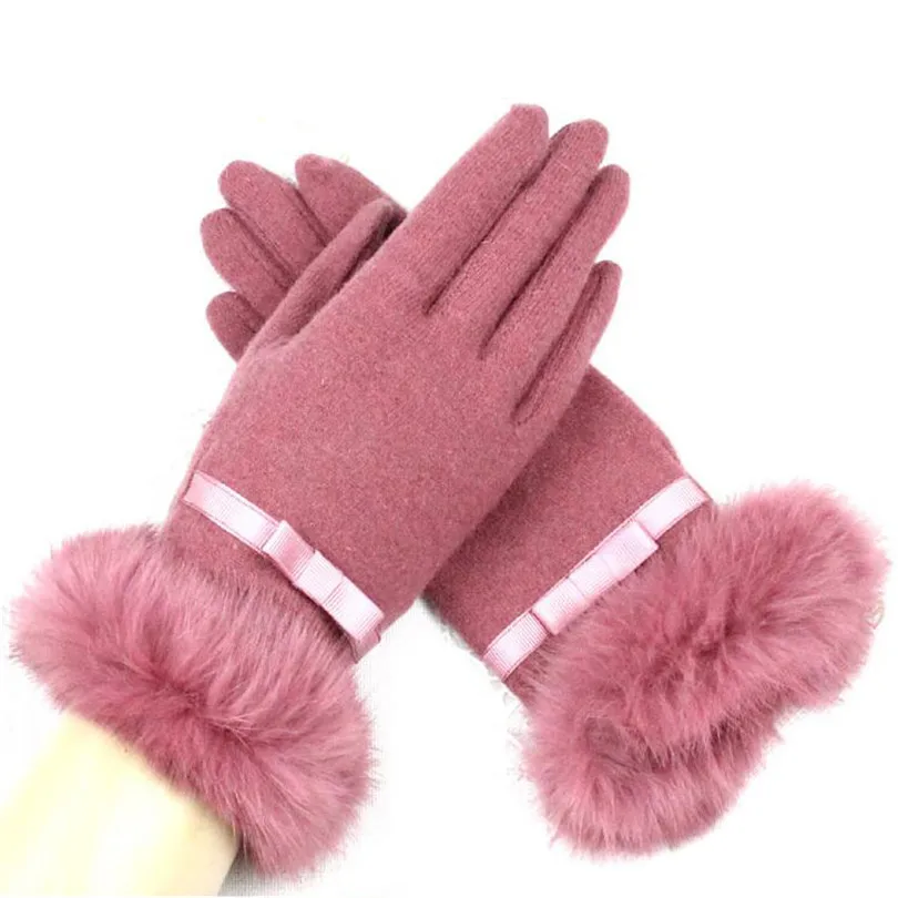 Для женщин кашемировые зимние для девочек варежки из натуральной меха кролика перчатки запястье теплый шерстяной Женский Luvas Элегантные
