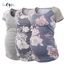 Camiseta de manga raglán con cuello redondo para mujer, ropa de maternidad de lado fruncido