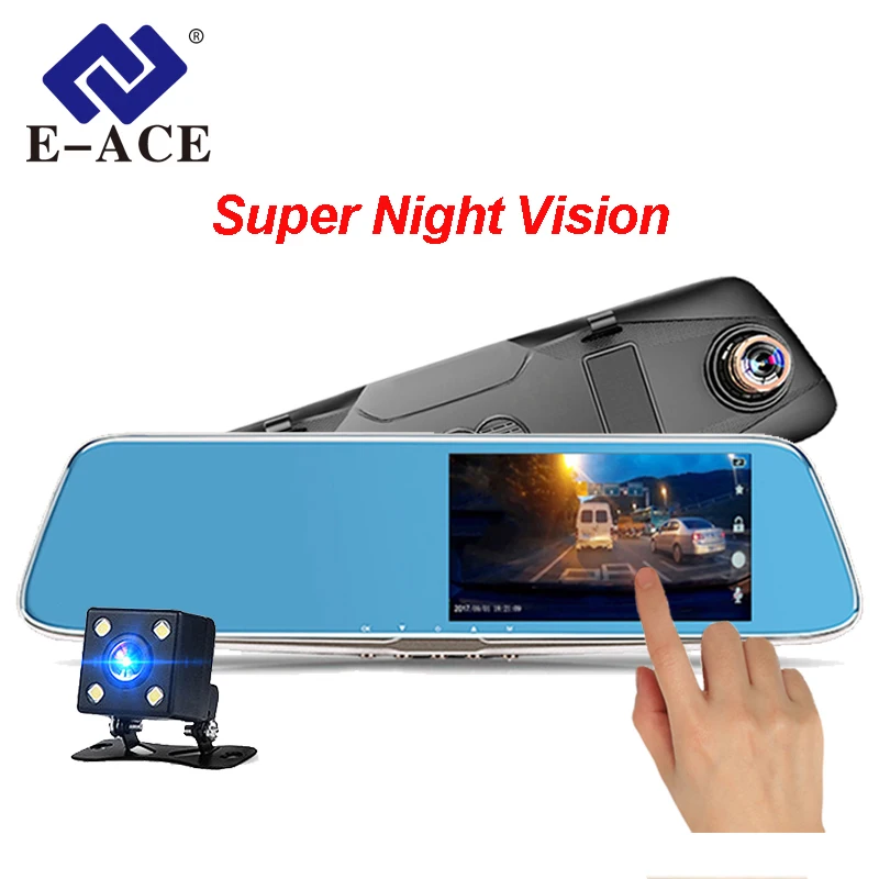 

E-ACE Car DVR Camera 4.7"Touch Screen FHD 1080P Recorder Auto Registrar Rearview Mirror With Dual Lens Camcorder Night Vision