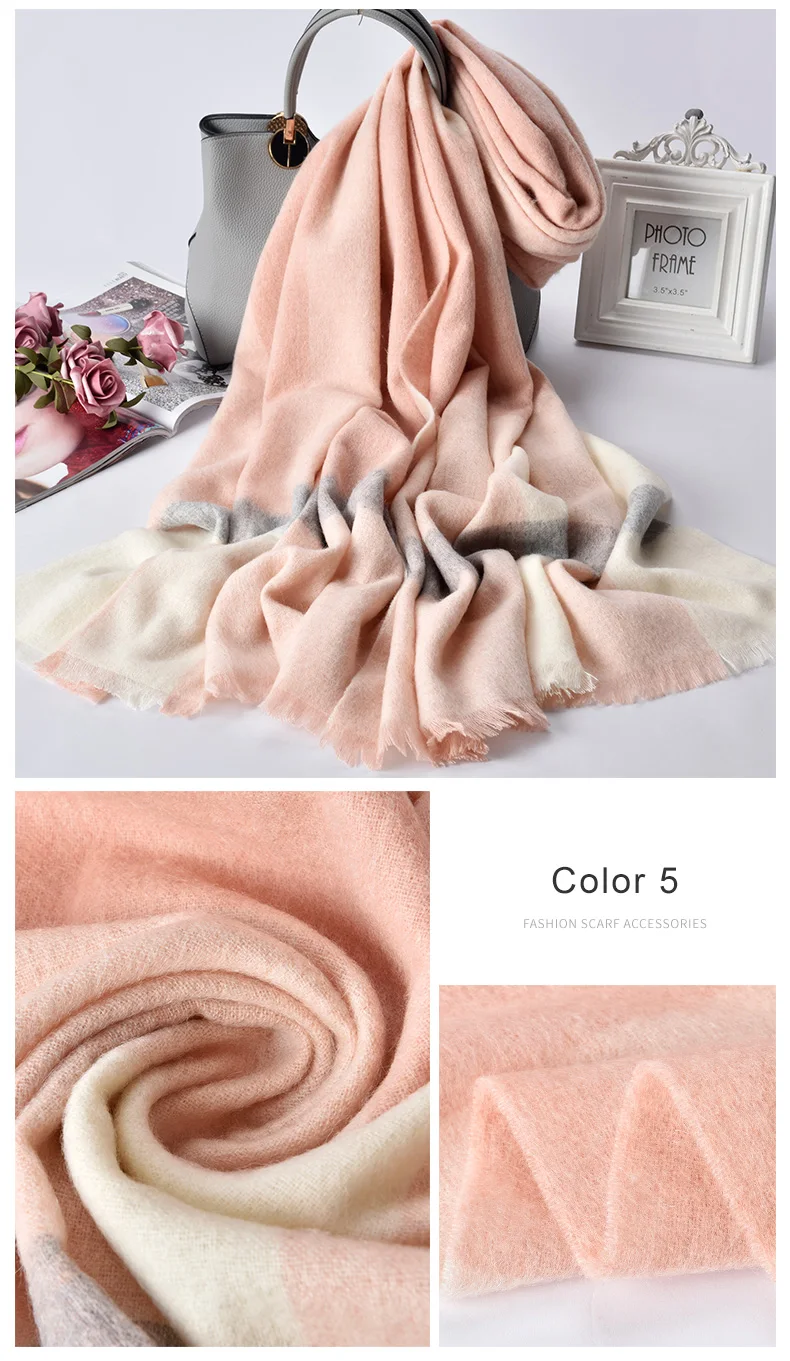 Женский зимний клетчатый шарф, шерстяные шали и палантины для дам, Пашмина, женский теплый кашемировый шарф, чистый шерстяной шарф
