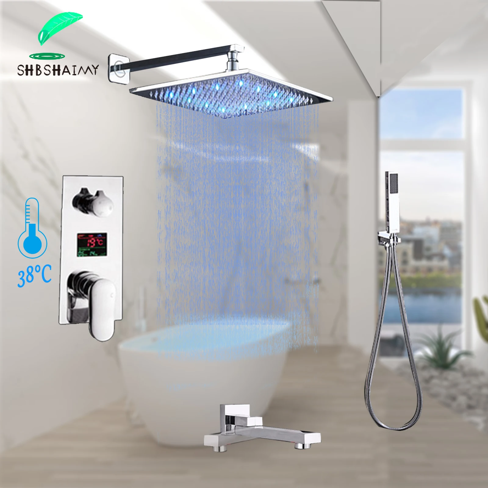

SHBSHAIMY 8 10 12'' Chrome Shower Faucet Set Wall Mounted 3-Ways LED Rainfall Shower Head With Digital display and Tub Spout