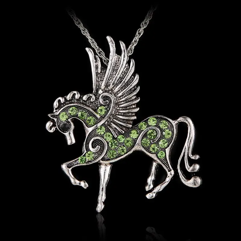 Rinhoo Pegasus Fly Horse Pendant with long Chain Necklace silver Jewelry