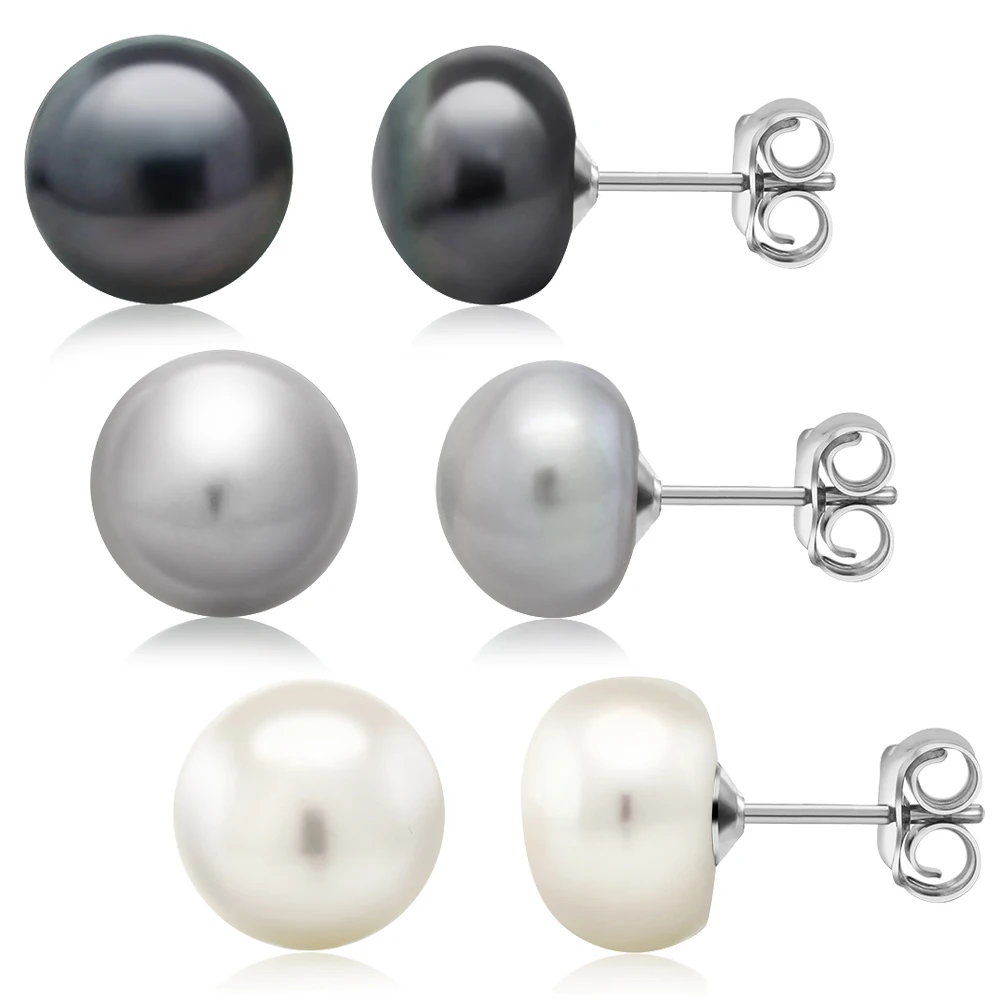 Set Of 3 9mm Cultured Freshwater Pearl Stud Earrings Set In Sterling