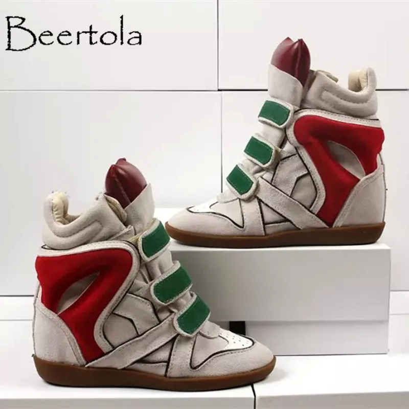 

Beertola Women 8CM Hidden Heels Shoes Genuine Leather Mixed Color Hook and Loop Casual Sneaker Fashion Patchwork Women's Shoes