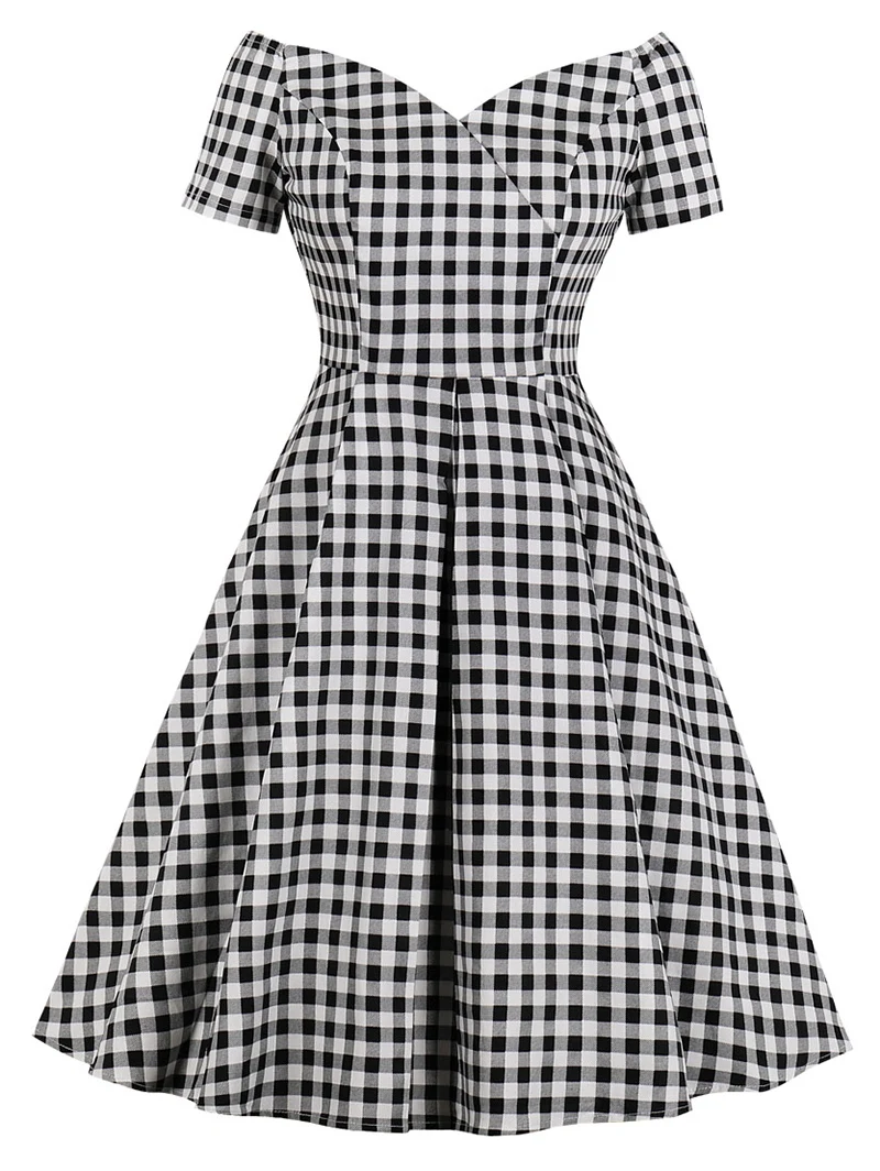 

Joineles Plus Size Plaid Back Zipper Vintage Dress Women Off Shoulder Short Sleeve High Waist Retro Dresses Female Casual Dress