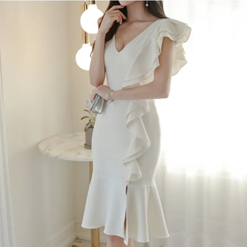 

2019 Summer Ruffles Mermaid Bodycon Dress Women Solid Color Elegant Tank Dresses OL Special Occasion Fitted Vestidos robe femme