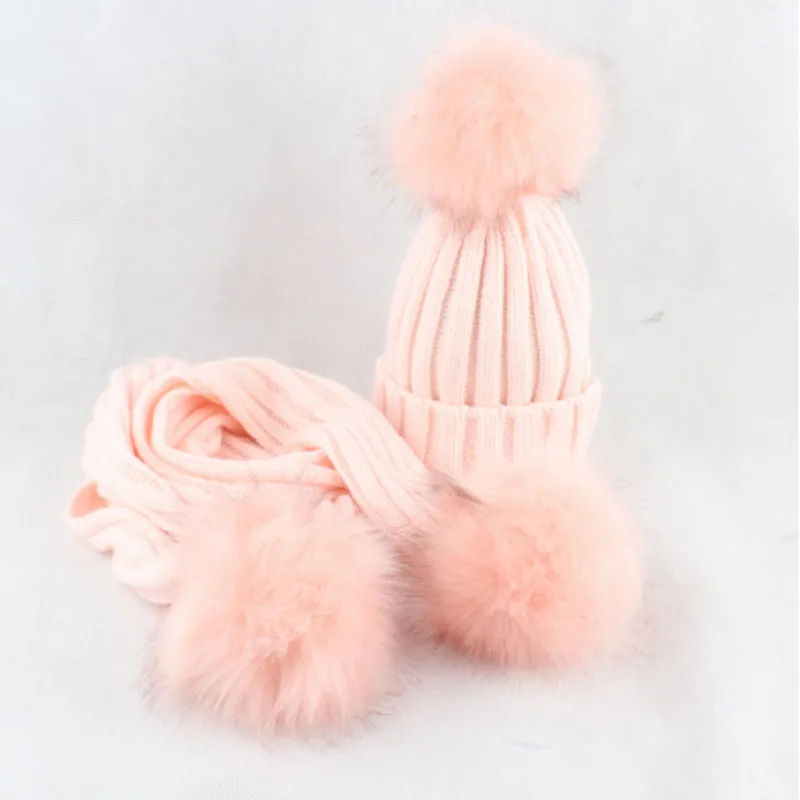 Детский искусственный помпон из лисьего меха, зимний головной убор и шарф с тремя помпонами, наборы шарфов и шапок для девочек, Комплекты шарфов из искусственных волос - Цвет: pink