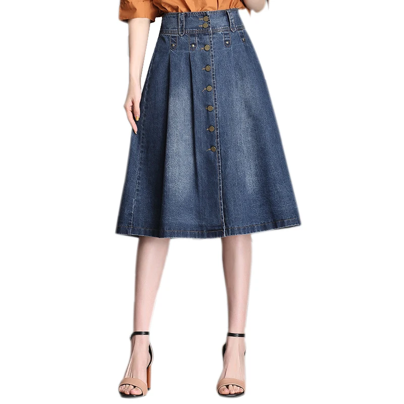 Women plus size casual high waist denim skirt A line single button mid ...