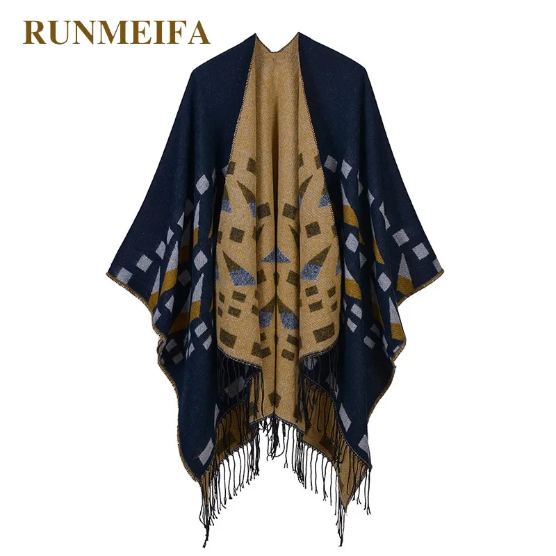 

RUNMEIFA Winter Simulated Cashmere Mantle For Women Geometric Cape Two Sides Wear Femme Retro Knitted Cloak Literature Ponchos
