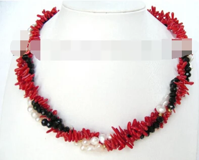 

FREE SHIPPING>>@> A3841 3ROWS white natural pearls &red coral black crystal necklace