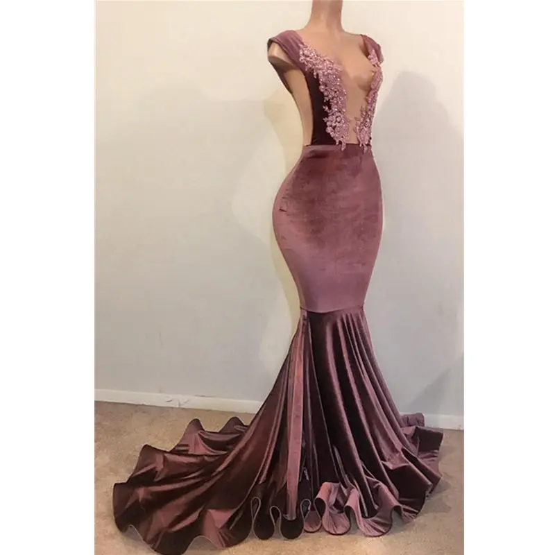

Long dresses for women elegant mermaid pink appliques deep V neck sleeveless velour women long prom dresses robe de soiree