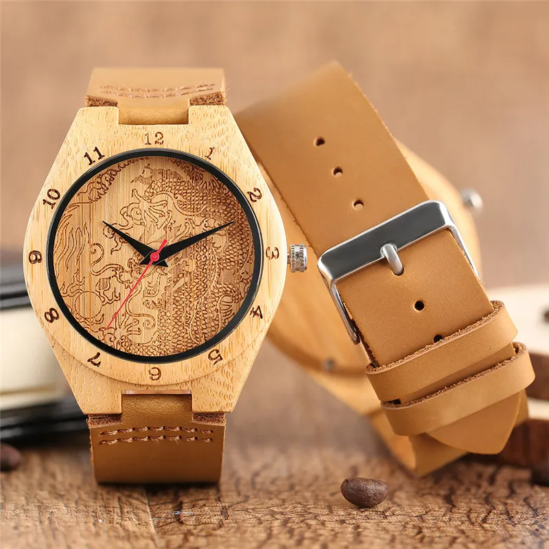 

Men Watch Quartz Dragon Pattern Carve Trendy Sport Watches Bamboo Nature Wood Handmade Wrist Watch Luxury Genuine Leather Strap
