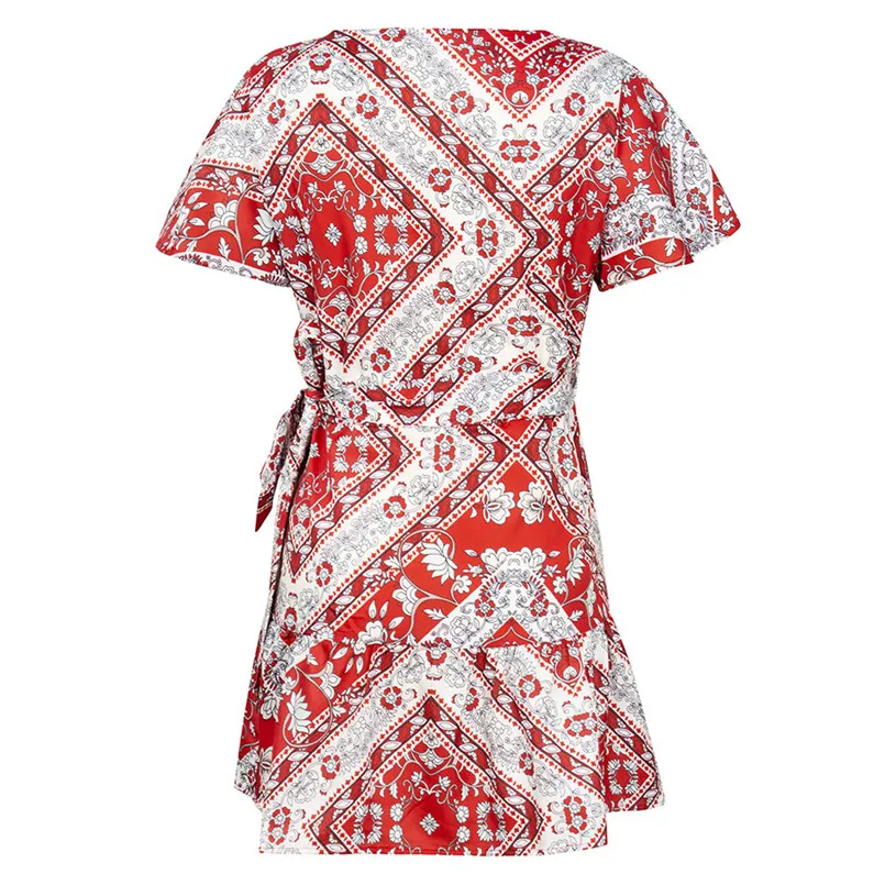 New Style Womens Boho Holiday Beach Mini Bandage Dress Ladies Floral Ruffled V-Neck Party Girls Simple Clothes Femme 40FE18 (6)