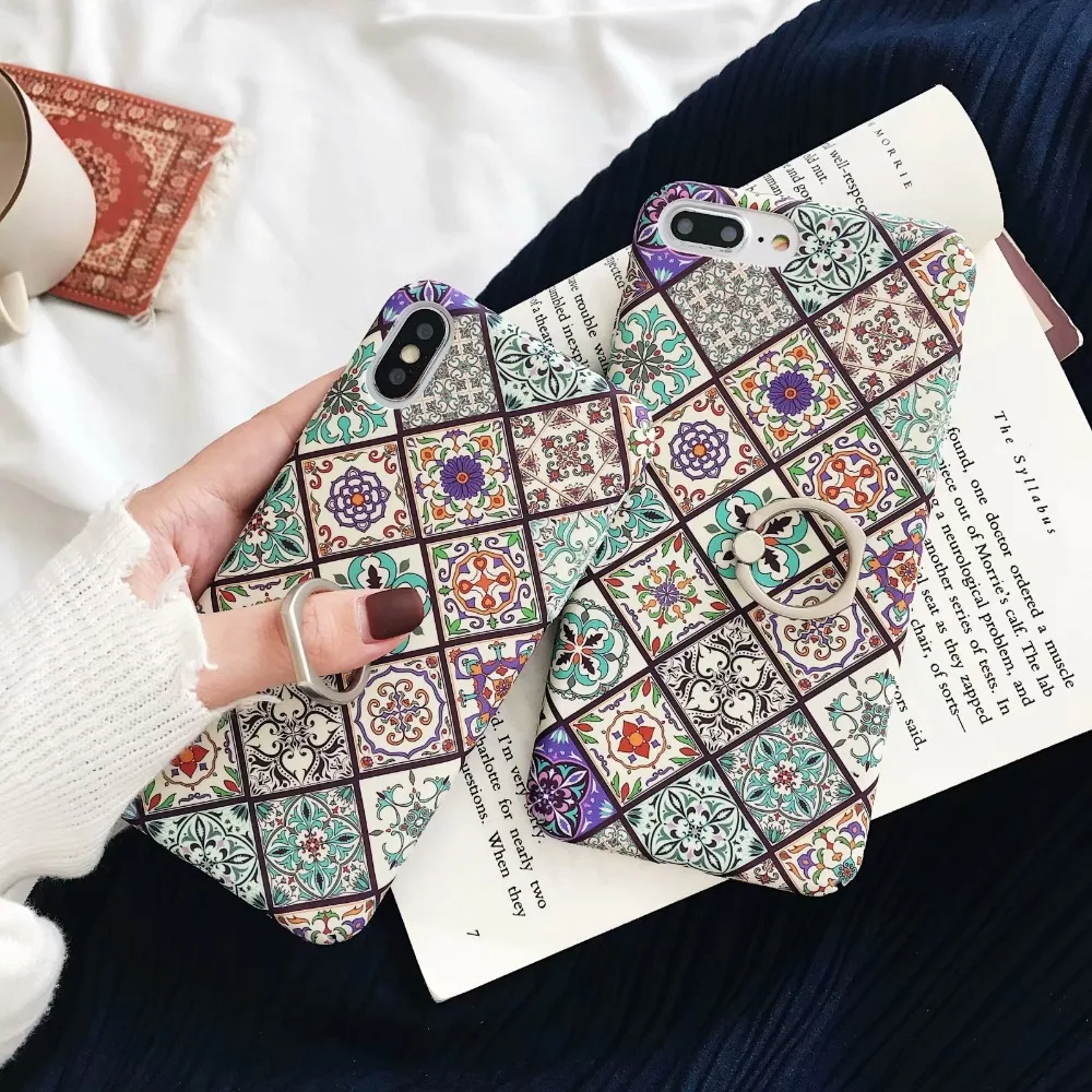 

ORYKSZ Vintage Flower Pattern Ring Phone Case For iphone 6 6S 7 8 plus Cases For iphone X XR XS Max Glossy Hard Back Cover