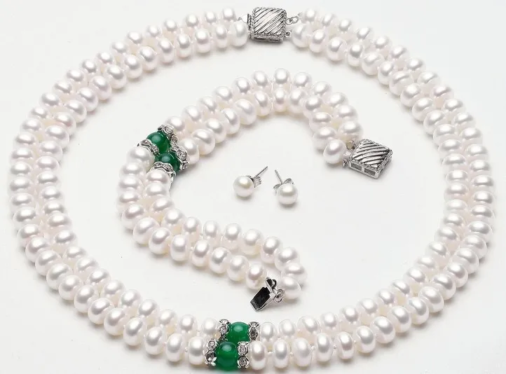 

2 ROWS Real Freshwater White Color Pearl Jewelry Set, Fashion Necklace Bracelet Earrings Set for Beautiful Bride Charm Women