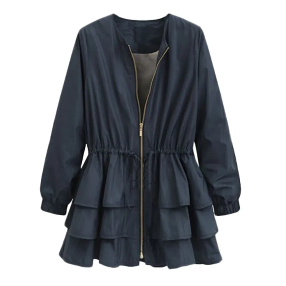 Элегантные женские осенние куртки, женская тонкая и длинная куртка на молнии с оборками, уличные куртки, водонепроницаемые пальто, ropa mujer