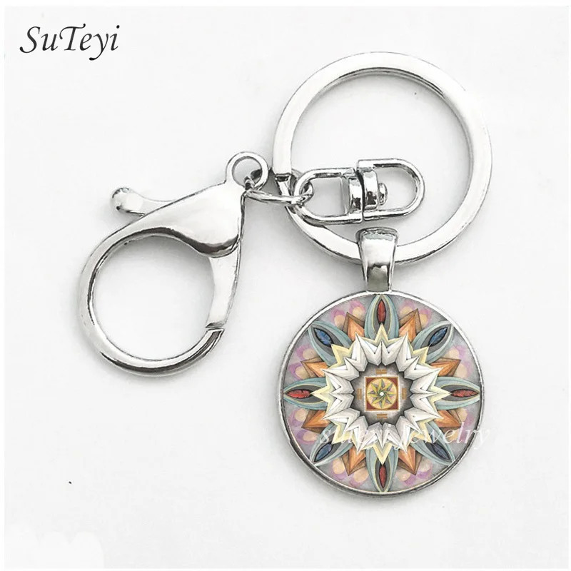 SUTEYI Fashion Mandala Pattern Keychain Buddhism Zen Key Chain Glass Dome Ring Bag Accessories Jewelry Gift | Украшения и