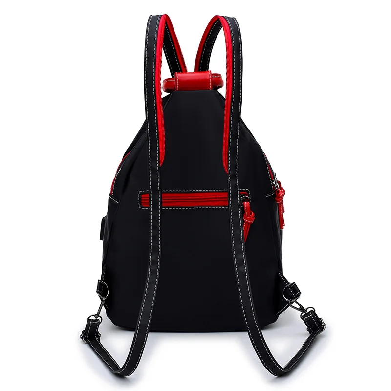 Nylon negro plástico impermeable de Mujeres de viaje de compras Mochila que puerto de carga USB externo Casual bolso Escolar Mochila