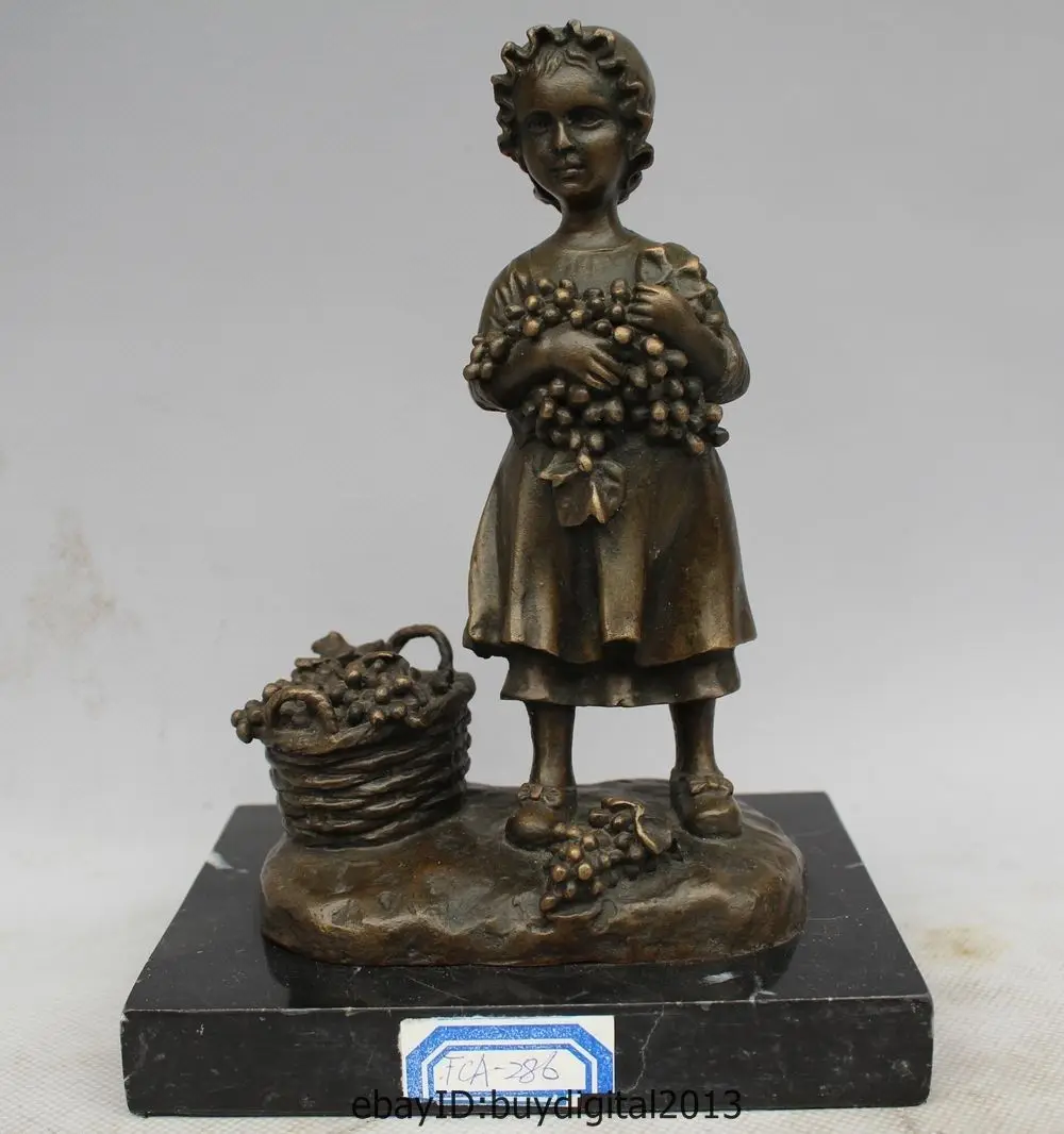 

DS 7"Western Art sculpture Bronze Marble flower basket lassock Little Girl Statue