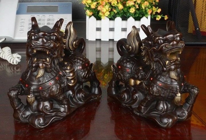 

China Royal Brass Copper Fengshui Kirin Unicorn kylin Chi Lin Gourd Statue Pair
