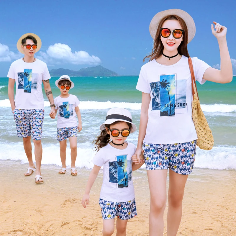 Комплект из футболки с принтом и коротких штанов, Одинаковая одежда для всей семьи летний праздничный костюм для мамы, дочки и сестры пляжный комплект для папы и сына