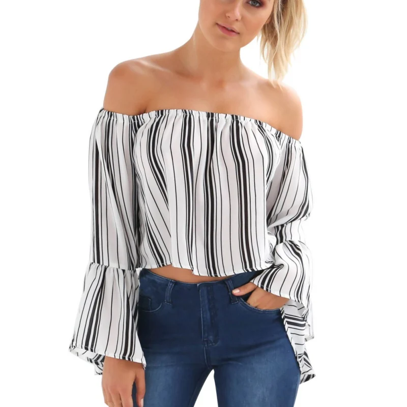 

Women Striped Sexy Slash Neck Boardwalk Off Shoulder Crop Tops Women's Fashion T Shirts Plus Size