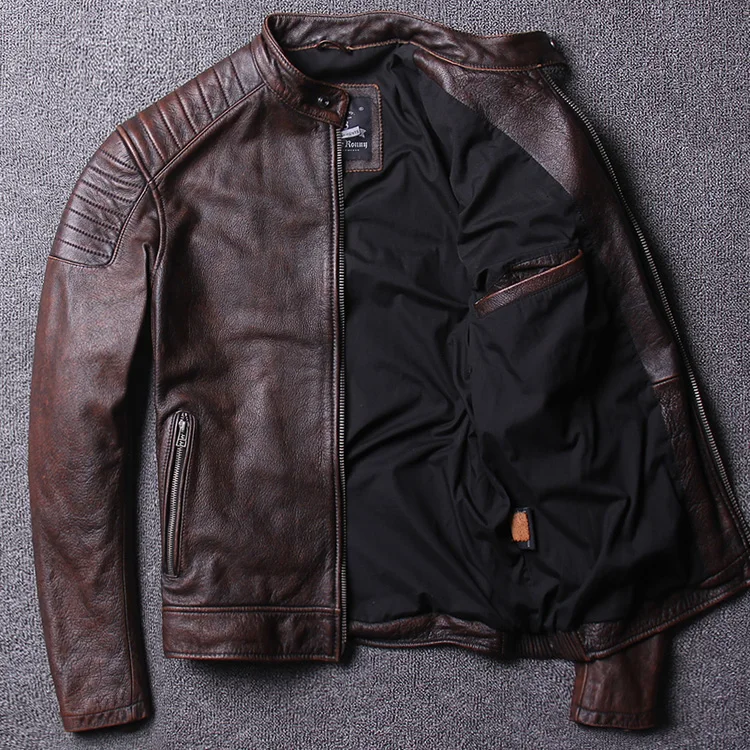 Halley мужская куртка из натуральной кожи ретро винтажная красно-коричневая куртка из бычьей кожи со стоячим воротником Тонкая Короткая мотоциклетная одежда зимняя