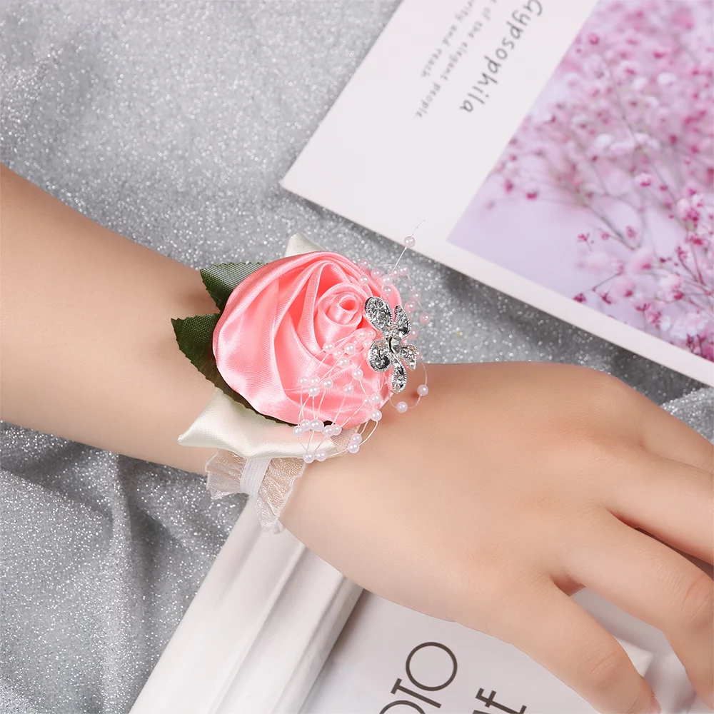 

Wedding Wrist Flower Rose Silk Ribbon Bride Corsage Hand Decorative Wristband Bracelet Bridesmaid Curtain Band Clip Bouquet