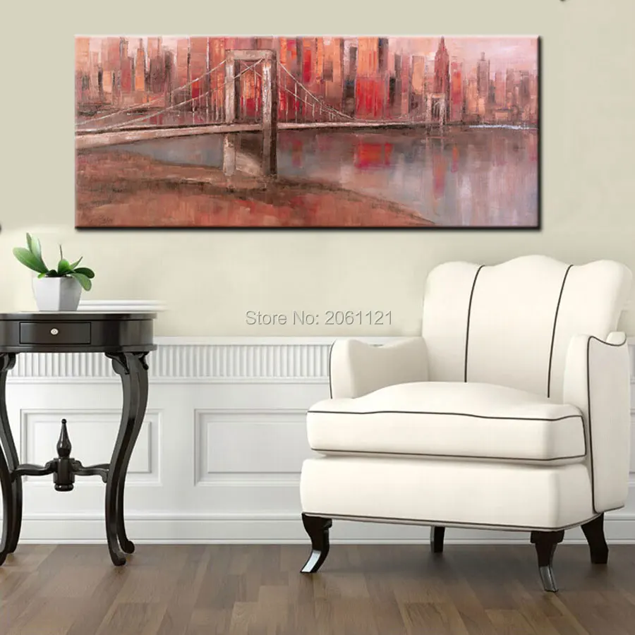 

Hand Painted red LARGE Wall Art New York Brooklyn Bridge Canvas Painting Modern wall Picture For living room Home Decoration