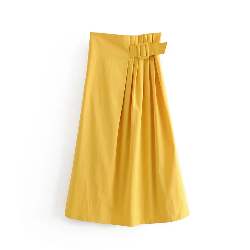 

Klacwaya women yellow cotton skirts 2019 fashion ladies summer pleated high waist skirt with belt girls street-wear chic bottoms